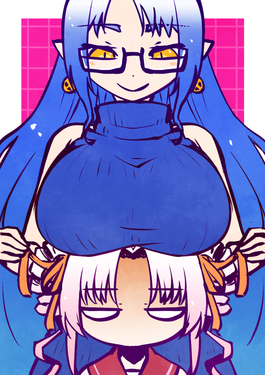 2girls blank_eyes blue_hair border breast_envy breast_rest breasts breasts_on_head closed_mouth commentary_request curtained_hair drill_hair earrings glasses goki_(voicevox) grid_background hair_ribbon half-closed_eyes highres holding holding_ribbon huge_breasts jewelry jitome kuron_(uhhr2odhrppc5nw) long_hair looking_at_another looking_down multiple_girls no_mouth onikko_hunter_tsuina-chan orange_ribbon outside_border pink_background pink_hair pointy_ears red_sailor_collar ribbon sailor_collar sleeveless sleeveless_sweater smile straight-on sweater tsuina-chan turtleneck turtleneck_sweater twin_drills very_long_hair voiceroid voicevox white_border yellow_eyes