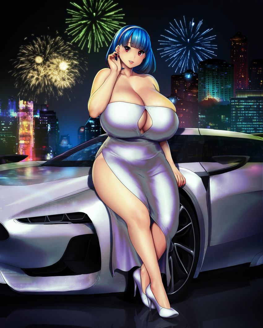 absurdres adjusting_hair belly blunt_bangs blush breasts car citroen cityscape cleavage cleavage_cutout clothing_cutout collarbone curvy dress erkaz female fireworks full_body gigantic_breasts gt_by_citroen happy_new_year high_heels highres legs looking_at_viewer motor_vehicle night original red_eyes reflection rina_atherina shiny_clothes shiny_skin short_hair side_slit sitting skyline smile solo sports_car strapless strapless_dress thick_thighs thighs white_dress white_footwear