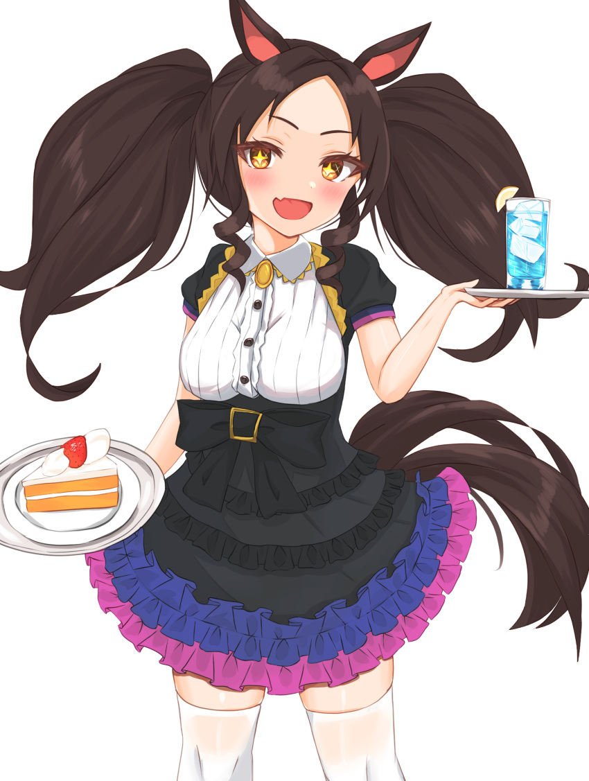 +_+ animal_ears black_dress black_gloves black_hair breasts cake commentary_request cowboy_shot dress female flower food glass gloves hair_flower hair_ornament highres holding holding_tray horse_ears horse_girl kudo_(user_dzch8572) large_breasts long_hair looking_at_viewer marvelous_sunday_(umamusume) oerba_yun_fang parted_bangs puffy_short_sleeves puffy_sleeves short_sleeves simple_background skin_fang solo thighhighs tray twintails umamusume white_background white_thighhighs yellow_eyes