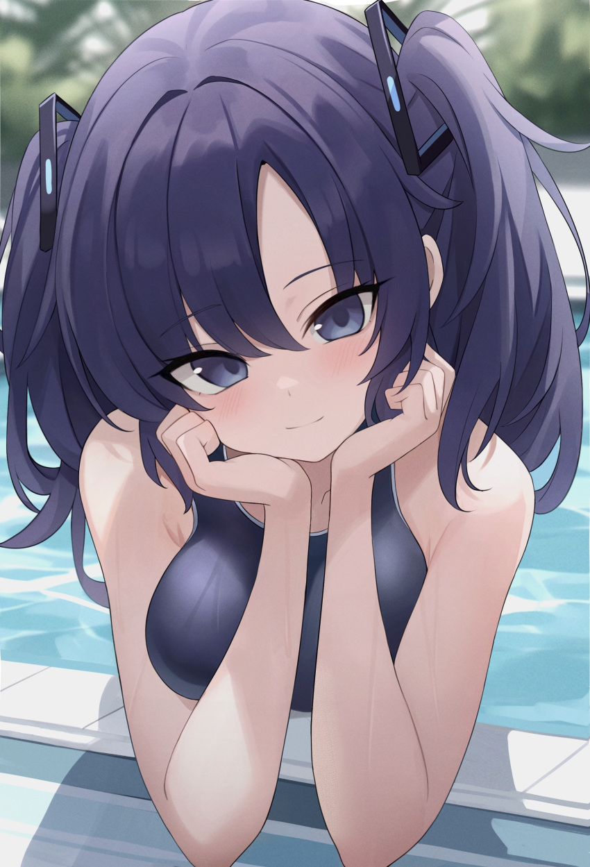 absurdres bare_arms bare_shoulders black_one-piece_swimsuit blue_archive blush breasts closed_mouth commentary day female halo highres large_breasts long_hair looking_at_viewer mechanical_halo one-piece_swimsuit outdoors pool purple_eyes purple_hair smile solo swimsuit two_side_up yuuka_(blue_archive) zeatto