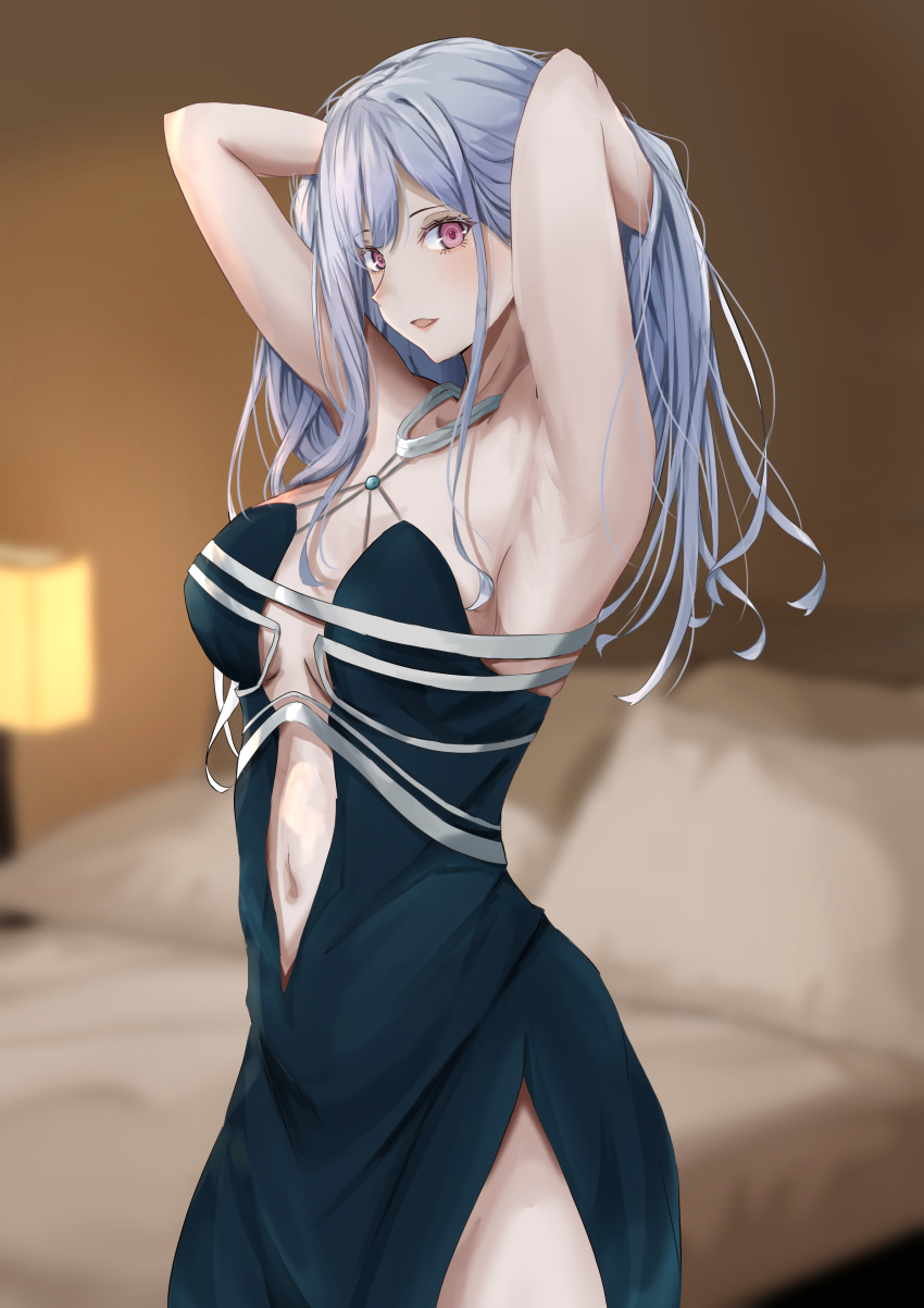 absurdres ak-12_(girls'_frontline) ak-12_(quiet_azure)_(girls'_frontline) armpits arms_behind_head arms_up artificial_eye backless_dress backless_outfit bed blue_dress center_opening clothing_cutout dress evening_gown female girls'_frontline grey_hair halter_dress halterneck hands_in_hair highres long_hair looking_at_viewer mechanical_eye navel navel_cutout official_alternate_costume satsumaagee side_slit unusually_open_eyes