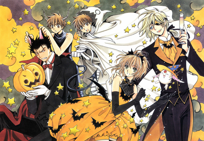 3boys absurdres animal_ears bandages bat_(animal) bat_ears black_hair blonde_hair blue_eyes brown_hair clamp_(circle) closed_eyes demon_tail dress elbow_gloves fai_d._flowright female gloves halloween heterochromia highres horns jack-o'-lantern kurogane_(tsubasa_chronicle) mokona multiple_boys oerba_yun_fang open_mouth orange_dress pumpkin short_hair single_horn star_(symbol) tail tsubasa_chronicle xiaolang