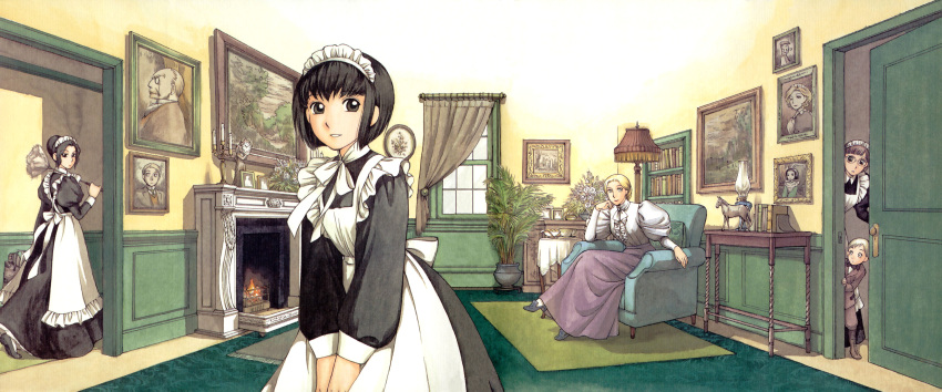 1boy 4girls apron bennett_cranley black_dress black_hair bob_cut bouquet chair chandelier chimney crossed_legs curtains door dress flower green_eyes hair_up head_rest highres indoors james_bulletin lamp leaning_forward lolicon long_skirt looking_at_viewer looking_back lucy_(shirley) maid maid_headdress mary_banks mori_kaoru multiple_girls nelly_(shirley) norma_(shirley) official_art painting_(medium) parted_lips peeping plant portrait_(object) shirley_(manga) shirley_medison short_hair sitting skirt traditional_media v_arms victorian victorian_maid walking watercolor_(medium) window