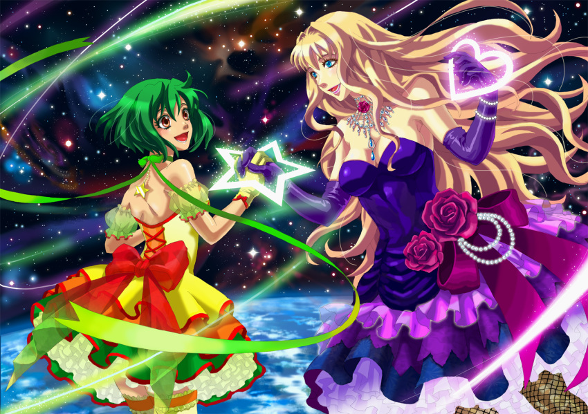 2girls arm_garter back back_bow bare_shoulders blonde_hair blue_eyes blue_gemstone bow bracelet breasts cleavage commentary_request dress earth_(planet) elbow_gloves emi_(penguin908) fishnet_pantyhose fishnets flower flower_dress frills gem gloves green_hair heart holding_hands in_orbit jewelry long_hair macross macross_frontier medium_breasts multiple_girls necklace open_mouth pantyhose pearl_(gemstone) pearl_bracelet petticoat photoshop_(medium) planet ranka_lee red_bow red_eyes red_flower red_rose ribbon rose sheryl_nome short_hair sky small_breasts smile space star_(sky) star_(symbol) starry_sky thighhighs