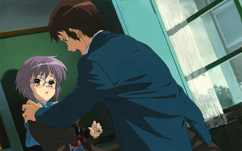 glasses ikeda_shouko jpeg_artifacts kyon nagato_yuki seifuku suzumiya_haruhi_no_yuuutsu