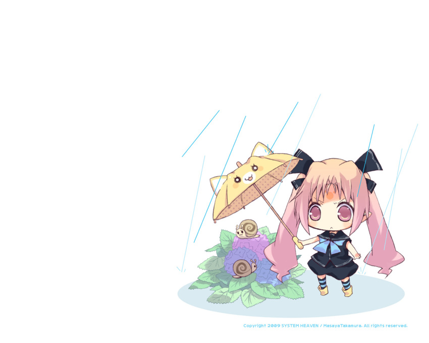 chibi original pink_hair rain takamura_masaya twintails umbrella white