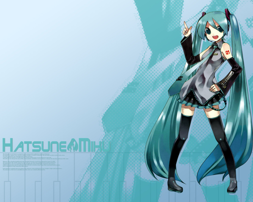 aqua_eyes aqua_hair detached_sleeves english hatsune_miku kei_(artist) long_hair nail_polish necktie open_mouth point skirt text thighhighs twintails very_long_hair vocaloid