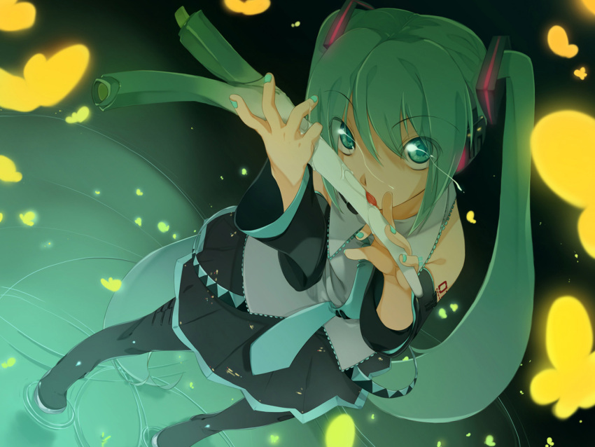 bare_shoulders blue_eyes blue_hair butterfly detached_sleeves flat_chest green_eyes green_hair hatsune_miku highres leek licking long_hair maruku miku_hatsune nail_polish necktie saliva sexually_suggestive spring_onion thighhighs tie twintails twintails very_long_hair vocaloid vocaloid2 wallpaper water