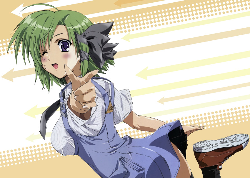 ! 26 26_episodes asa asa_shigure blush blush bow breasts episodes green_hair highres kissing official_art scan sempai serie shigure_asa short_hair shuffle shuffle! skirt television thighhighs tv wink