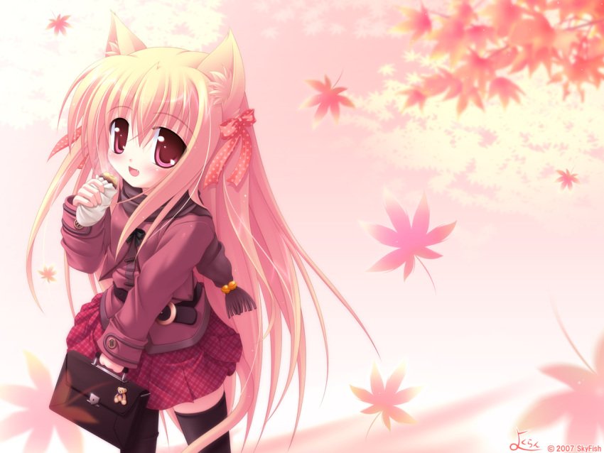 1280x960 animal_ears blush blush bow cat_ears cat_tail catgirl food leaf leaves long_hair maple_leaf maple_leaves nekomimi oerba_yun_fang skirt tail thigh_highs thighhighs wallpaper