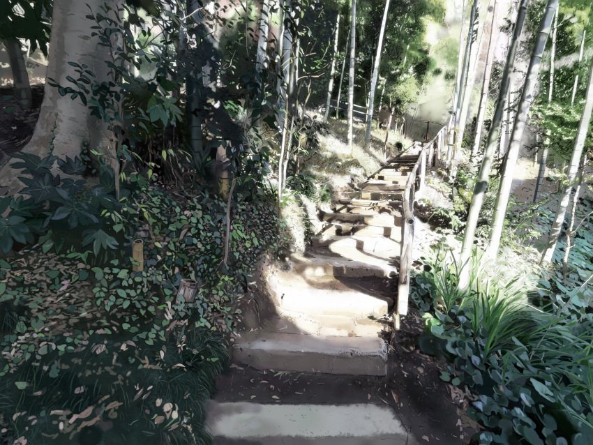 bad_id bad_pixiv_id bamboo bamboo_forest forest highres houmitsu nature no_humans original outdoors photoshop_(medium) plant realistic scenery stairs tree