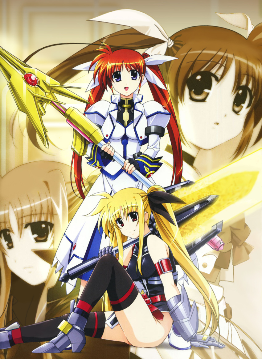 ass bardiche blonde_hair breasts brown_hair energy_sword fate fate_testarossa highres long_hair lyrical_nanoha mahou_shoujo_lyrical_nanoha mahou_shoujo_lyrical_nanoha_strikers nanoha nanoha_takamachi no_panties purple_eyes raising_heart red_eyes sword takamachi_nanoha thigh_highs thighhighs twintails twintails weapon