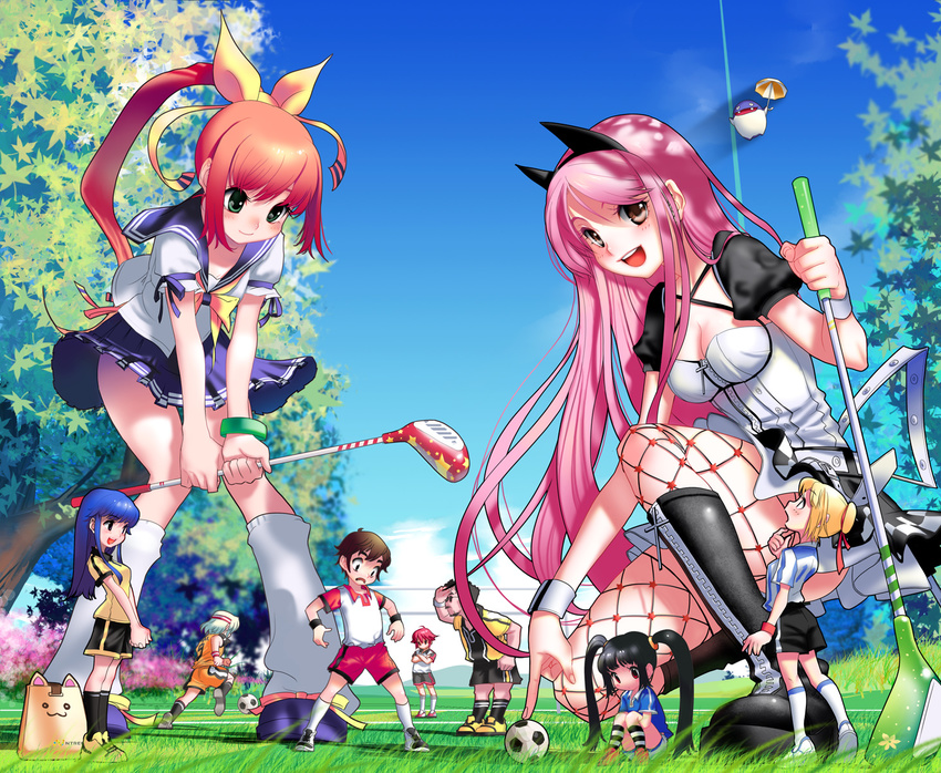 4boys 5girls animal_ears arin azer bag ball black_hair blue_hair blush boots bracelet breasts brown_eyes brown_hair cat_ears cecilia_(pangya) cleavage commentary_request dolfini fishnet_thighhighs fishnets giant giantess golf_club green_eyes hana_(pangya) highres jewelry kamdia kaz kooh long_hair lucia_(pangya) max_(pangya) medium_breasts multiple_boys multiple_girls nuri pangya papel photoshop_(medium) ponytail red_eyes red_hair school_uniform skirt small_breasts soccer soccer_ball telstar thighhighs twintails wrist_cuffs