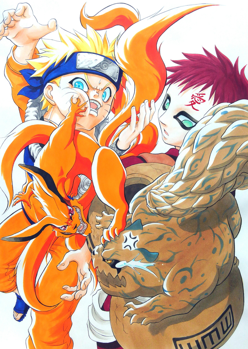 absurd_res accessory anthro bared_teeth blonde_hair blue_eyes bodily_fluids brother_(lore) brothers_(lore) canid canine clothed clothing cross-popping_vein demon feral fight forehead_protector fox fully_clothed fur gaara green_eyes group hair headband hi_res human kurama male mammal naruto ninja open_mouth orange_body orange_fur purple_eyes purple_hair raccoon_dog red_eyes red_hair shukaku sibling_(lore) simple_background standing tailed_beast tanuki tears teeth uzumaki_naruto warrior white_background yellow_eyes young young_human young_male ぎや