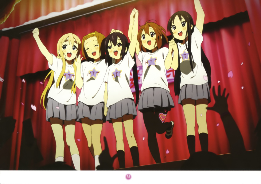 5girls absurdres akiyama_mio comiket_79 happy heart highres hirasawa_yui k-on! kotobuki_tsumugi long_hair multiple_girls nakano_azusa nakano_emiko official_art pantyhose petals scan shoes sweat tainaka_ritsu uwabaki waving