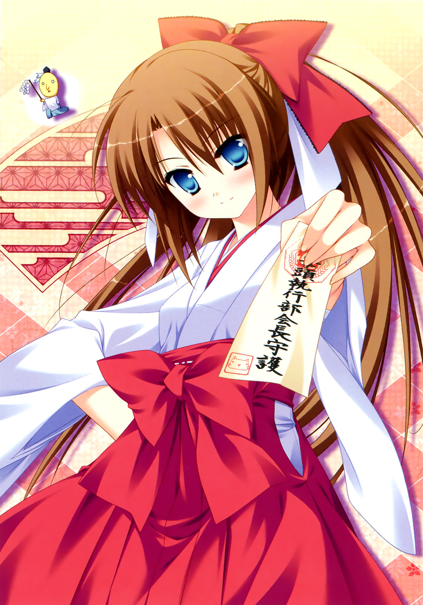 asa_no_ha_(pattern) blue_eyes blush bow brown_hair closed_mouth diamic_days female gohei hairbow hakama hakama_skirt hand_on_own_hip head_tilt highres himenogawa_kanaka holding japanese_clothes looking_at_viewer miko ofuda outstretched_arm ponytail red_bow red_hakama sesena_yau skirt smile solo translation_request