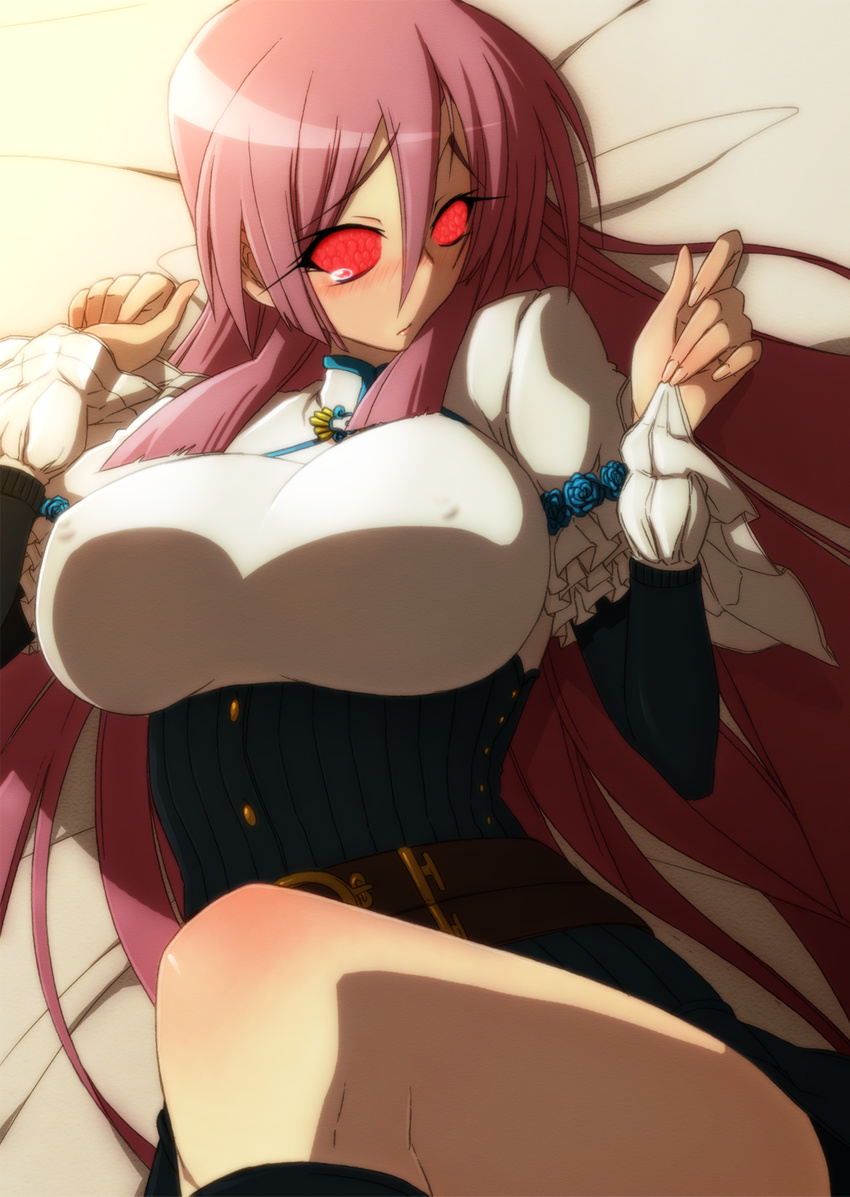 blush breasts commentary_request compound_eyes corset female framed_breasts highres large_breasts long_hair looking_at_viewer lying nonoke-alternative on_bed ootori_kanae_(soukou_akki_muramasa) pink_hair red_eyes single_tear solo soukou_akki_muramasa tears very_long_hair