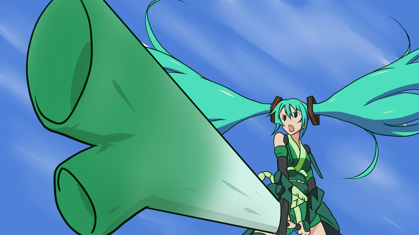 aqua_eyes aqua_hair commentary_request female hatsune_miku highres hiiro_(atlas) long_hair open_mouth parody solo spring_onion sunrise_stance twintails vividgreen vividred_operation vocaloid