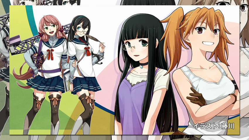 4girls akashi_(kancolle) anime_screenshot aoki_hagane_no_arpeggio black_hair blue_eyes brown_hair choker clipboard crossover end_card fujikawa glasses gloves green_eyes grin hairband hazumi_shizuka highres hip_vent jpeg_artifacts kantai_collection long_hair look-alike multiple_girls one_eye_closed ooyodo_(kancolle) photoshop_(medium) pink_hair purple_eyes quill school_uniform serafuku smile thighhighs twintails watanuki_iori