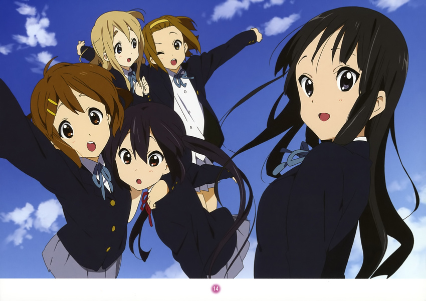 5girls :o absurdres akiyama_mio black_eyes black_hair brown_eyes brown_hair comiket_79 hair_ornament hairband highres hirasawa_yui horiguchi_yukiko jumping k-on! kotobuki_tsumugi long_hair multiple_girls nakano_azusa official_art one_eye_closed sakuragaoka_high_school_uniform scan school_uniform tainaka_ritsu twintails