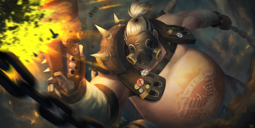 1boy artist_name badge bandaged_arm bandages black_nails blurry button_badge chains commentary depth_of_field dual_wielding english_commentary explosion fat fat_man foreshortening gas_mask gloves gun handgun highres holding holding_gun holding_weapon long_hair male_focus mask muscular nail_polish nat_vitchayed overwatch overwatch_1 photoshop_(medium) pig_tattoo ponytail roadhog_(overwatch) shoulder_spikes signature solo spikes stomach_tattoo tattoo topknot topless_male weapon white_hair