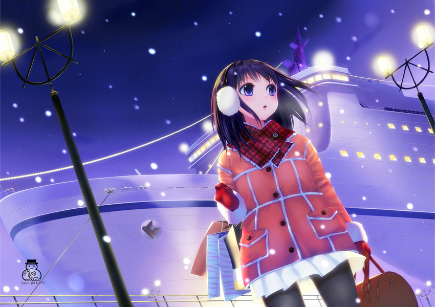 art_jam bag black_hair blue_eyes blush coat commentary_request female gloves long_hair night night_sky open_mouth original pantyhose photoshop_(medium) ship shopping_bag short_hair sky snow solo watercraft