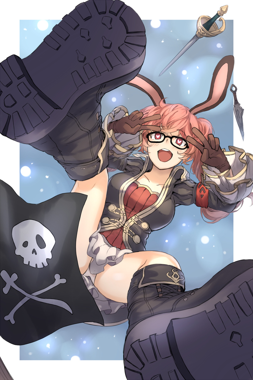 animal_ears black_gloves boots coat commentary_request corsair_(tree_of_savior) double_v female fencer fencer_(tree_of_savior) flag from_below ganesagi glasses gloves heart heart-shaped_pupils highres long_sleeves looking_down open_mouth panties pantyshot rabbit_ears rapier red_eyes red_hair skirt skull_and_crossbones smile solo sword swordsman_(tree_of_savior) symbol-shaped_pupils tree_of_savior twintails underwear upskirt v weapon