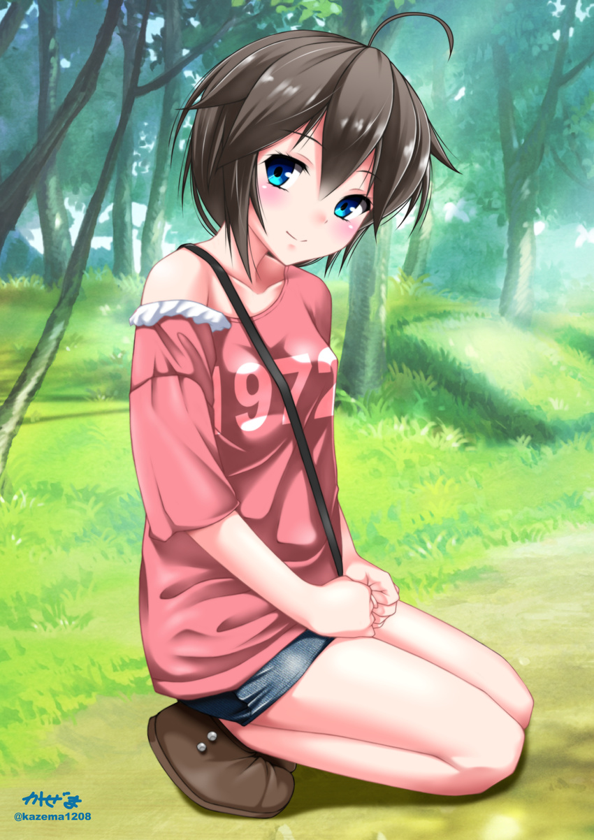 1972 ahoge alternate_hairstyle blue_eyes blush brown_hair casual commentary_request female grass hair_flaps highres kantai_collection kaze_makase kneeling looking_at_viewer off_shoulder outdoors shigure_(kancolle) shigure_kai_ni_(kancolle) signature smile solo tree twitter_username