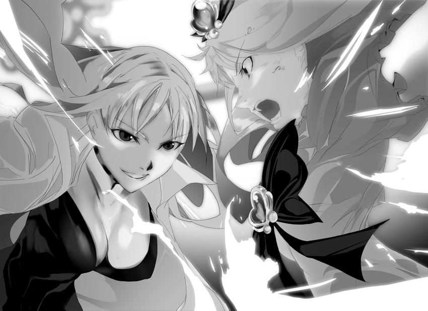 2girls breasts brooch cleavage commentary_request cure_marine cure_marine_mirage dual_persona greyscale heart heart_brooch heartcatch_precure! highres hybrid_pandap jewelry kurumi_erika magical_girl medium_breasts mirage_precure monochrome multiple_girls photoshop_(medium) precure