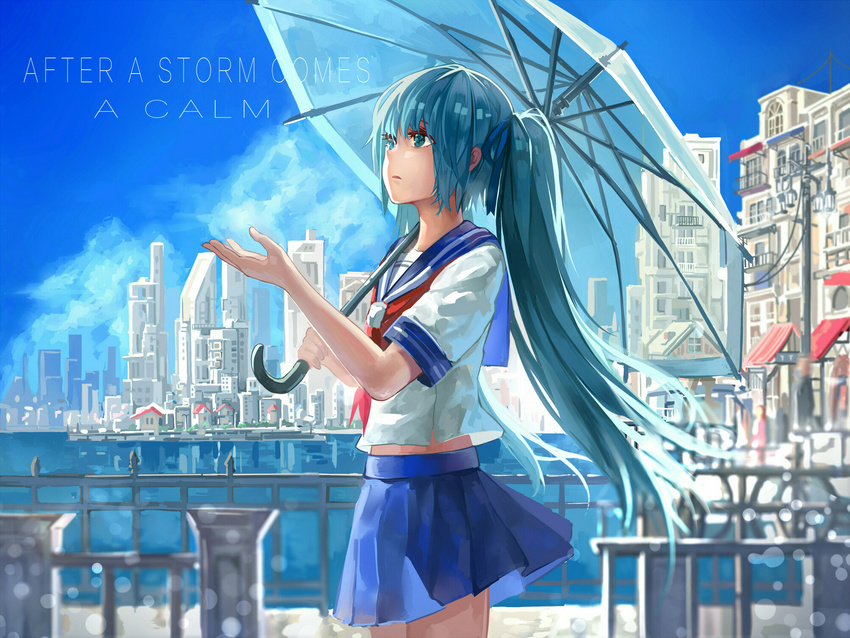 aqua_eyes aqua_hair building city commentary_request cowboy_shot day english_text expressionless female from_side hair_ribbon hatsune_miku highres holding holding_umbrella house hunxiao_xingshuang long_hair looking_away looking_up md5_mismatch midriff neckerchief outdoors partial_commentary photoshop_(medium) pleated_skirt railing ribbon scenery school_uniform serafuku skirt sky solo standing transparent transparent_umbrella twintails umbrella very_long_hair vocaloid water