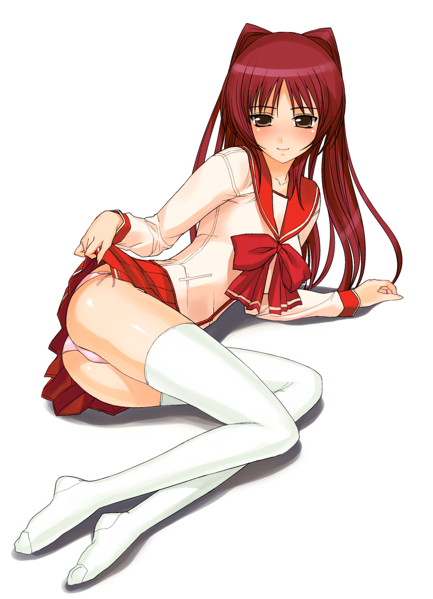 a1 absurdres blush brown_eyes hair_intakes highres initial-g kousaka_tamaki long_hair panties pantsu pantyshot red_hair school_uniform serafuku side-tie_panties simple_background skirt skirt_lift solo thighhighs to_heart_2 underwear zettai_ryouiki