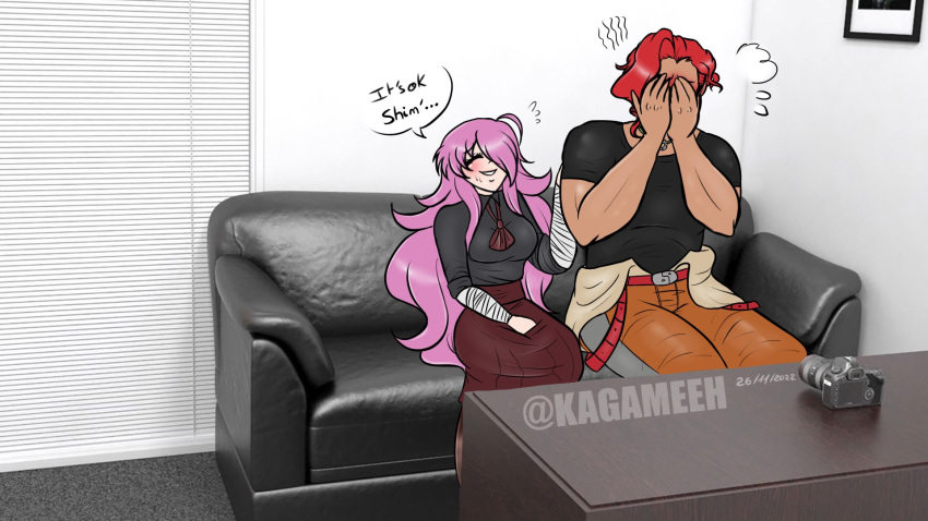 blush casting_couch closed_eyes danganronpa danganronpa_another embarrassed english_text fanganronpa imminent_sex kagameeh kagami_(kagameeh) kasai_shinji light_skin pink_hair red_hair sdra2 super_danganronpa_another_2