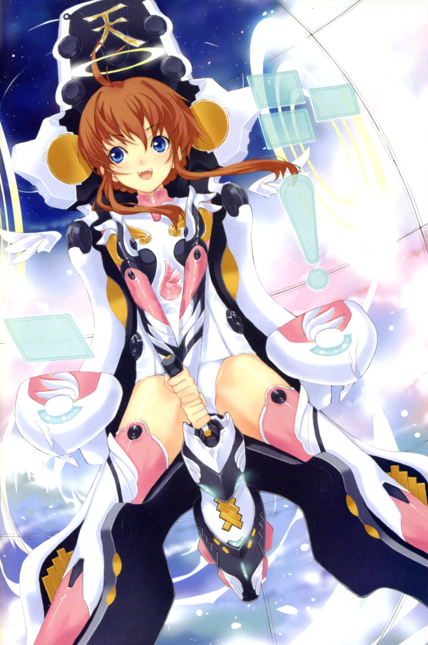 :d absurdres angelic_layer artist_request blue_eyes bodysuit braid brown_hair chair controller female halo highres holographic_interface joystick looking_at_viewer open_mouth own_hands_together pink_thighhighs scan sidelocks smile solo suzuhara_misaki thighhighs traditional_halo updo v_arms zettai_ryouiki