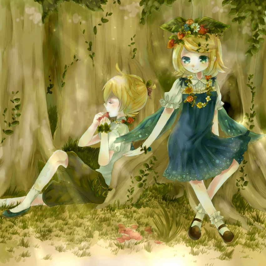 1boy berries blonde_hair boy boy_and_girl bracelet female female flower flower_necklace food footwear forest fruit girl grass green_eyes highres jewelry kagamine_len kagamine_rin koumi_(rl0318) light_rays male mushroom nature necklace ponytail shoes short_hair sitting smile socks sunbeam sunlight sunrays vines vocaloid whistle white_legwear white_socks wings wreath