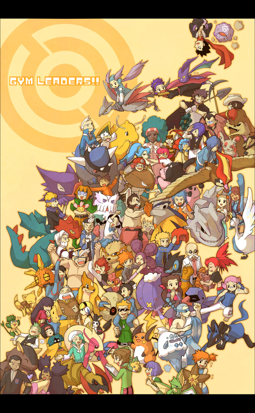 6+boys 6+girls abomasnow abra absolutely_everyone anger_vein angry arcanine beard bikini blaine_(pokemon) blue_bikini blue_oak bow bowtie brawly_(pokemon) brock_(pokemon) bronzor brycen_(pokemon) bugsy_(pokemon) burgh_(pokemon) byron_(pokemon) candice_(pokemon) carrying cherubi chili_(pokemon) chuck_(pokemon) cilan_(pokemon) clair_(pokemon) clay_(pokemon) commentary_request cowboy cowboy_western crasher_wake cress_(pokemon) crobat crop_top dragonite drayden_(pokemon) drifblim druddigon elesa_(pokemon) emolga erika_(pokemon) everyone facial_hair falkner_(pokemon) fantina_(pokemon) flannery_(pokemon) floatzel flying gardenia_(pokemon) giovanni_(pokemon) hariyama hat haunter haxorus highres inumura_(inu_noya) iris_(pokemon) janine_(pokemon) jasmine_(pokemon) juan_(pokemon) kabutops kangaskhan kasumi_(pokemon) koffing koga_(pokemon) krokorok laughing lenora_(pokemon) letterboxed liza_(pokemon) lucario lunatone luvdisc luxray manectric maylene_(pokemon) milotic miltank morty_(pokemon) multiple_boys multiple_girls norman_(pokemon) nosepass notepad panpour pansage pansear pantyhose pencil pidgeot pokemon pokemon_(creature) pokemon_bw pokemon_dppt pokemon_emerald pokemon_frlg pokemon_hgss pokemon_rse primeape pryce_(pokemon) raichu rampardos roark_(pokemon) roxanne_(pokemon) sabrina_(pokemon) seel shoulder_carry shovel skarmory skyla_(pokemon) sleeping solrock spinda staryu steelix surge_(pokemon) swanna swimsuit tangela tate_(pokemon) tea torkoal traditional_bowtie two_side_up vanillish volkner_(pokemon) vulpix wallace_(pokemon) watchog wattson_(pokemon) whitney_(pokemon) winona_(pokemon)