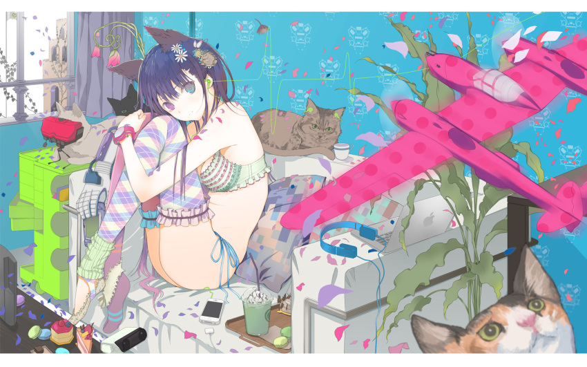 aircraft airplane animal_ears asymmetrical_legwear black_cat blue_eyes blue_hair blue_panties bra breasts cake cat_ears cellphone cleavage coffee cup drinking_straw earbuds earphones extra_ears family_computer_robot feline female flower food frilled_bra frilled_legwear frills fuyuno_haruaki game_boy_advance game_console green_bra hair_flower hair_ornament handheld_game_console headphones heterochromia highres hugging_own_legs ice_cream iphone leg_warmers lingerie long_hair looking_at_viewer macaron medium_breasts mismatched_legwear original p-38_lightning panties phone pillow plaid plaid_legwear power_glove_(nintendo) purple_eyes side-tie_panties sitting smartphone solo stickam teacup thighhighs underwear underwear_only very_long_hair virtual_boy watch