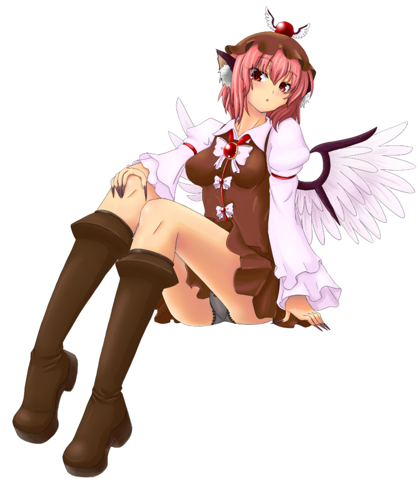 animal_ears black_panties boots breasts commentary_request enoko_(zqfebi) female fingernails full_body hat highres knee_boots legs long_fingernails medium_breasts mystia_lorelei panties pantyshot pink_hair red_eyes short_hair simple_background sitting solo touhou underwear wings