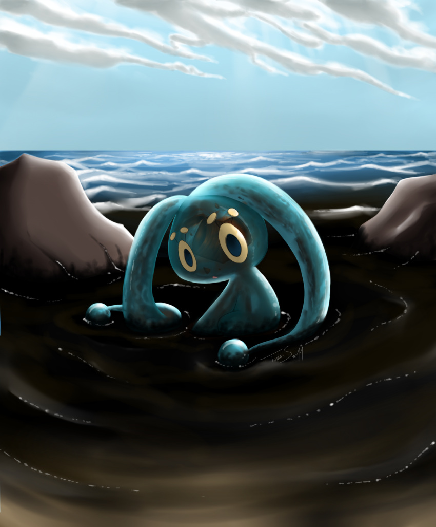 avoid_posting blue_eyes generation_4_pokemon hi_res legendary_pokemon madhattermonster manaphy nintendo pokemon pokemon_(species) pollution sea solo stare water