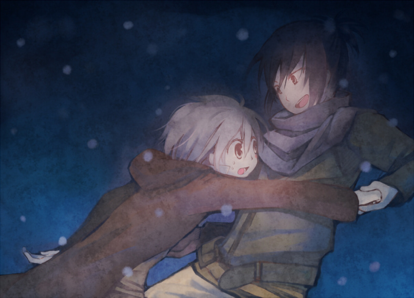 2boys bad_id bad_pixiv_id blue_hair coat jacket male_focus momoyama_nozomu multiple_boys nezumi_(no.6) no.6 open_mouth red_eyes scarf shion_(no.6) snow white_hair