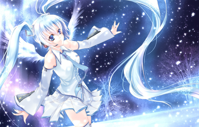 bad_id bad_pixiv_id bare_tree blue_eyes blue_hair detached_sleeves female hatsune_miku headset kurumi_moka long_hair necktie outstretched_arm skirt snow solo thighhighs tree twintails very_long_hair vocaloid wings yuki_miku yuki_miku_(2010) zettai_ryouiki