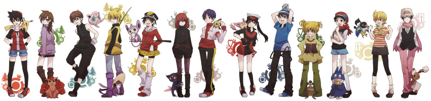 5boys 6+girls aipom aron bandana barry_(pokemon) blue_oak bonsly brendan_(pokemon) brown_hair buneary character_name chatot commentary_request cue_stick dawn_(pokemon) eating emerald_(pokemon) ethan_(pokemon) fishing_rod full_body genderswap_(ftm) genderswap_(mtf) green_(pokemon) hat highres jigglypuff kris_(pokemon) long_hair lucas_(pokemon) may_(pokemon) multiple_boys multiple_girls munchlax natu no_headwear on_head on_shoulder photoshop_(medium) pikachu pokemon pokemon_(creature) pokemon_adventures pokemon_between_legs pokemon_on_head pokemon_on_shoulder rattata red_(pokemon) rule_63 scarf short_hair silver_(pokemon) skirt skitty sneasel standing straw_hat umeko_(0516) unworn_hat unworn_headwear vulpix wide_image yellow_(pokemon)