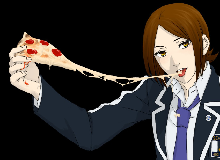 1boy brown_eyes brown_hair catherine catherine_(game) commentary_request crossover food male_focus necktie partial_commentary persona persona_2 pizza school_uniform seven_sisters_high_school_uniform solo suou_tatsuya utsuki_(clown)