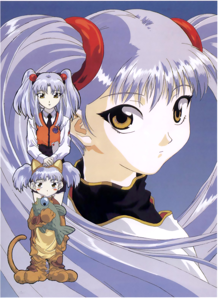 1990s_(style) animal_costume animal_ears cat_costume fake_animal_ears female fish grey_hair highres hoshino_ruri kidou_senkan_nadesico kikuchi_michitaka long_hair official_art photoshop_(medium) retro_artstyle tail twintails yellow_eyes