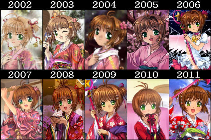 2002 2003 2004 2005 2006 2007 2008 2009 2010 2011 :d ;d box brown_hair cardcaptor_sakura commentary_request comparison dress female fuuin_no_tsue green_eyes hoshi_no_tsue japanese_clothes kimono kinomoto_sakura kinomoto_sakura_(platinum_star_dress) magical_girl mutsuki_(moonknives) one_eye_closed open_mouth photoshop_(medium) short_hair short_twintails smile twintails wand