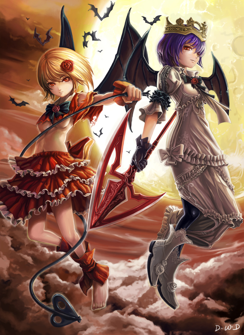 absurdres alternate_wings banned_artist barefoot bat bat_wings black_gloves black_legwear blue_hair bow breasts crown dress flandre_scarlet flower full_moon gloves hair_flower hair_ornament hair_over_one_eye highres laevatein medium_breasts midriff moon multiple_girls navel older pantyhose polearm red_eyes remilia_scarlet rose shirt siblings sisters skirt spear spear_the_gungnir torn_clothes torn_shirt touhou underboob weapon wings yinan_cui