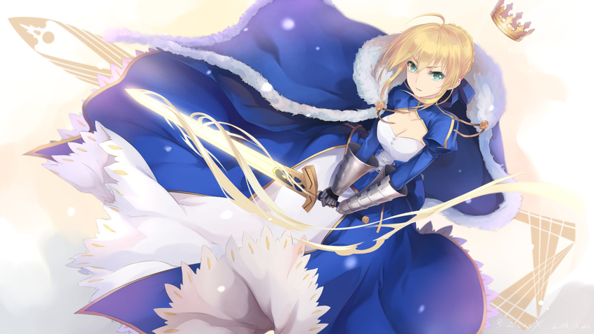 ahoge armor artoria_pendragon_(fate) avalon_(fate/stay_night) blonde_hair blue_cape blue_dress braid breasts bzerox cape cleavage commentary_request crown dress excalibur_(fate/stay_night) fate/stay_night fate_(series) female fur_trim gauntlets green_eyes hair_between_eyes holding holding_sword holding_weapon juliet_sleeves long_sleeves looking_at_viewer medium_breasts parted_lips puffy_sleeves saber_(fate) short_hair solo sword unworn_headwear v-shaped_eyebrows weapon