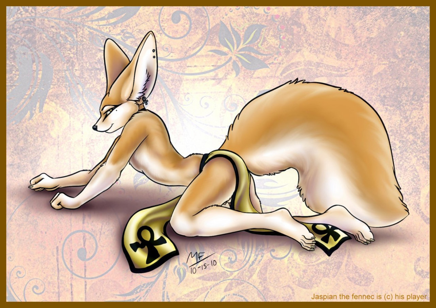 2010 all_fours ankh anthro border bottomwear canid canine clothing conditional_dnp ear_piercing egyptian femboy fennec_fox fluffy fluffy_tail fox jaspian loincloth looking_at_viewer makeup male mammal moodyferret piercing raised_tail smile solo tail true_fox yellow_border