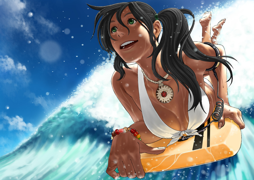 barefoot bikini black_hair bodyboard bracelet breasts cleavage commentary_request dark-skinned_female dark_skin day female foreshortening front-tie_top green_eyes hands hata_yui highres jewelry large_breasts lying necklace nose on_stomach original side_ponytail sky solo surfboard surfboard_leash surfing swimsuit water