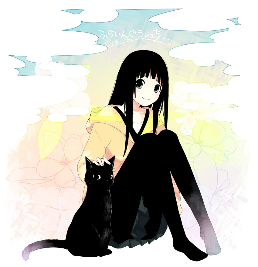 animal black_cat black_hair black_pantyhose blue_eyes blunt_bangs chito_(flying_witch) cloud collarbone commentary_request copyright_name feline female floral_background flying_witch headpat highres hood hoodie kowata_makoto long_hair looking_at_viewer no_shoes pantyhose run723 sidelocks sitting skirt sky smile solo straight_hair