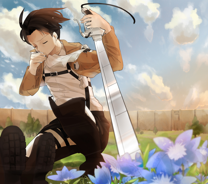 1boy ascot bad_id bad_pixiv_id belt_buckle blue_flower blurry boots brown_jacket buckle closed_eyes cloud commentary_request cropped_jacket day defensive_wall depth_of_field emblem field flower flower_request highres jacket kneeling levi_(shingeki_no_kyojin) male_focus paradis_military_uniform run723 shingeki_no_kyojin shirt sky solo_focus sunset survey_corps sword thigh_strap three-dimensional_maneuver_gear training_corps_(emblem) tree wall weapon white_shirt